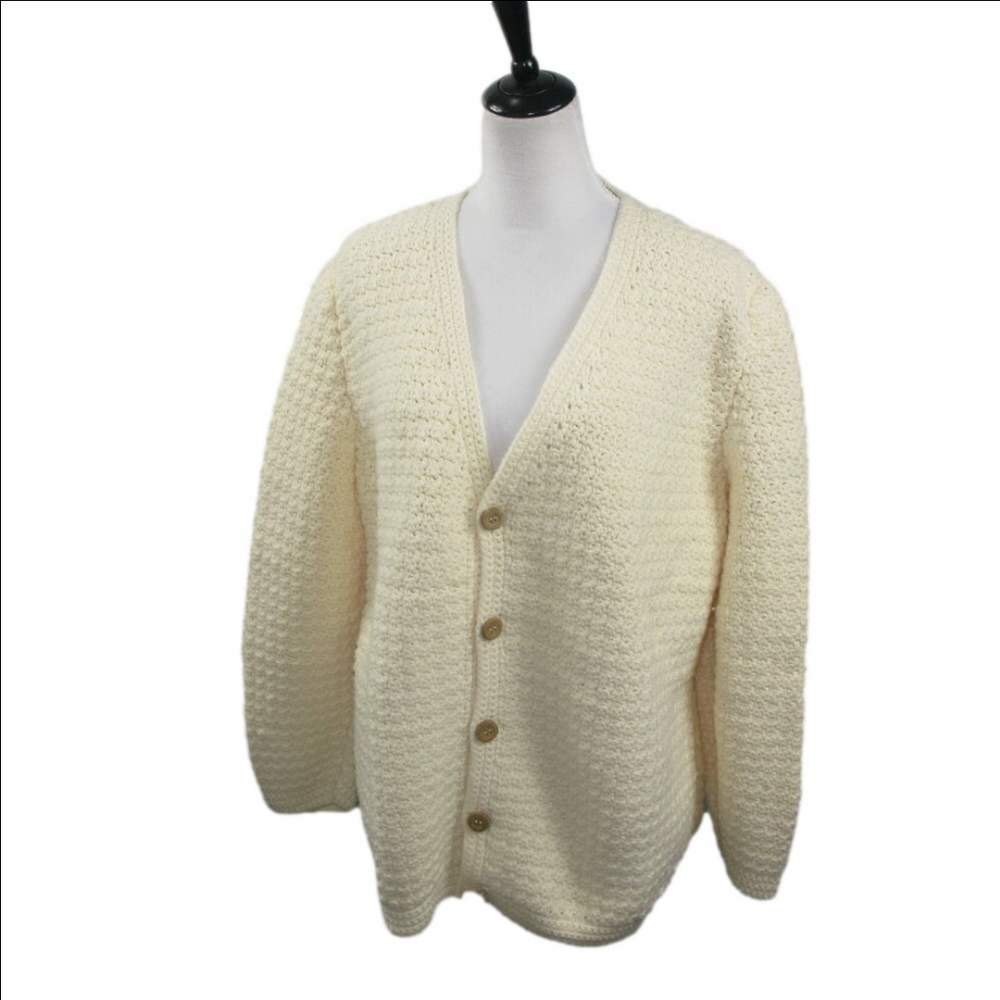 Cream Warm Hand Knit Cardigan Sweater Size XL